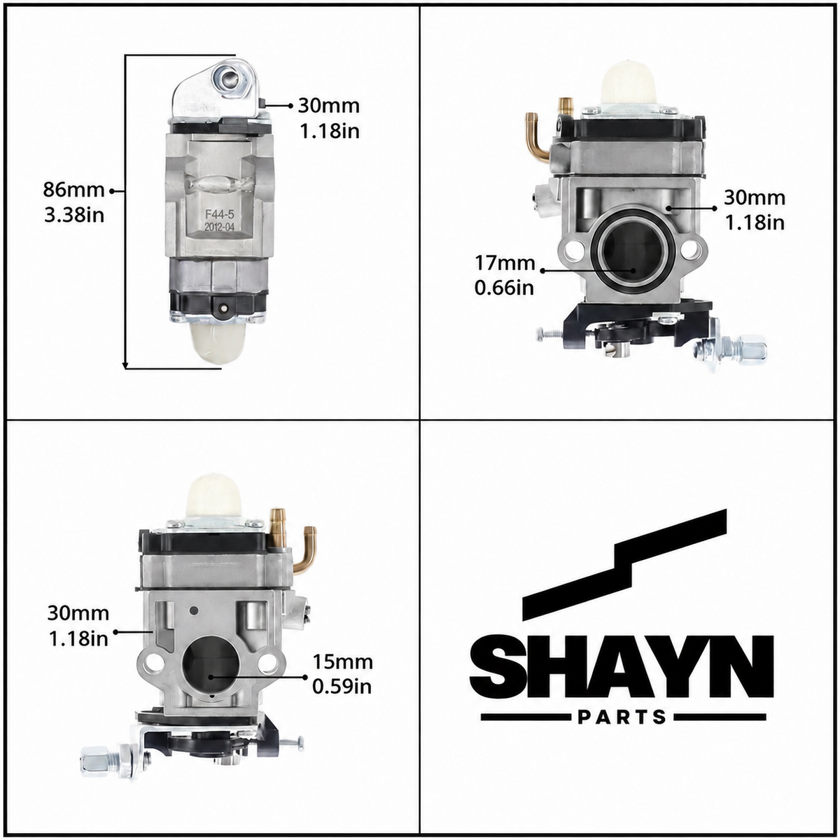 SHAYN PARTS carburettor dimensions and mounting views