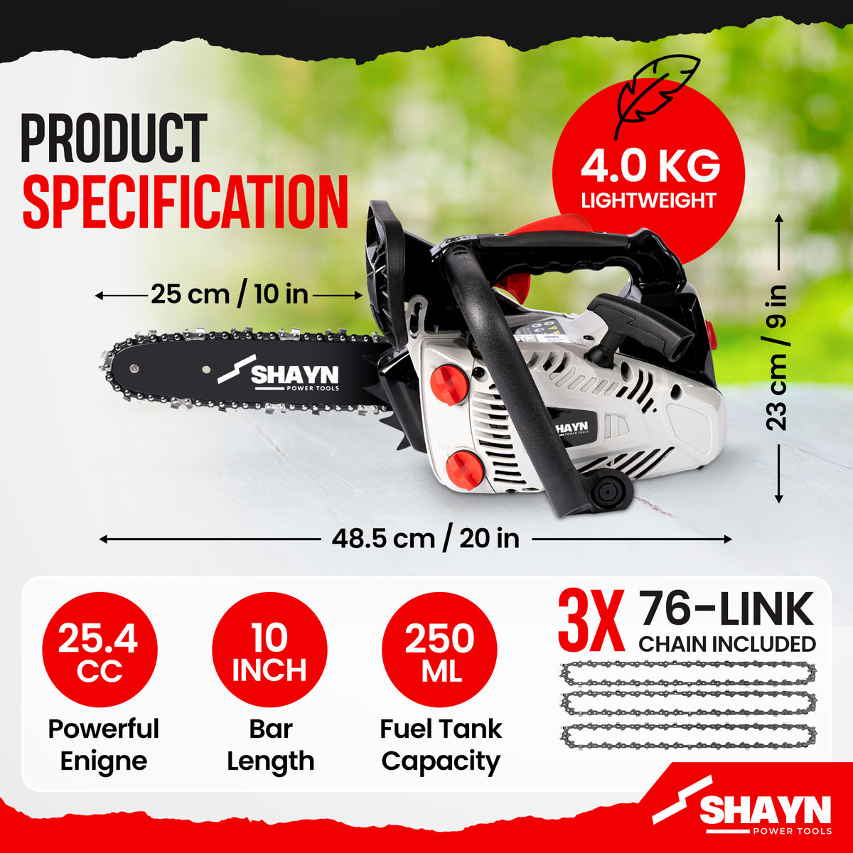 SHAYN 26cc top handle petrol chainsaw kit contents