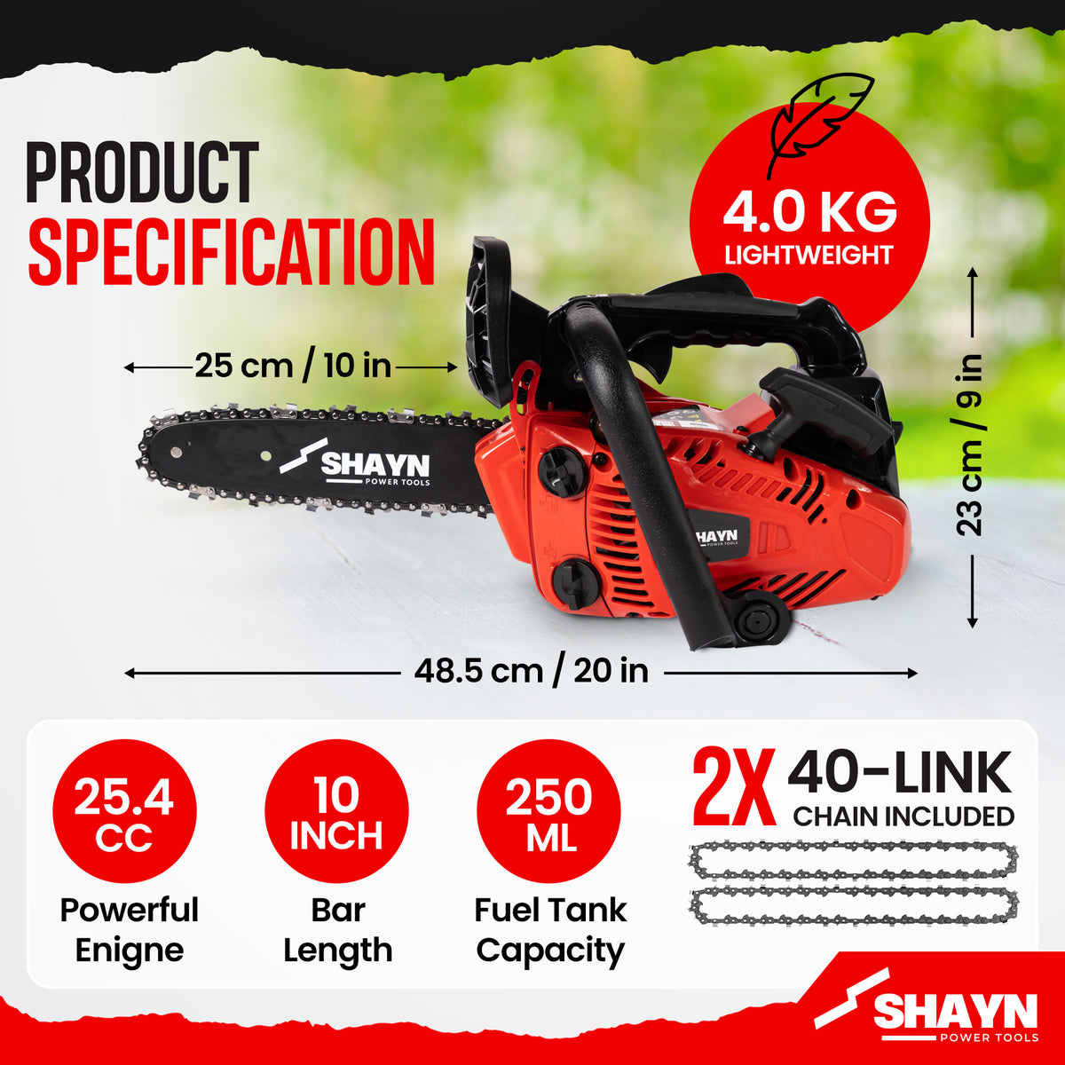 SHAYN 25.4cc red petrol chainsaw kit contents