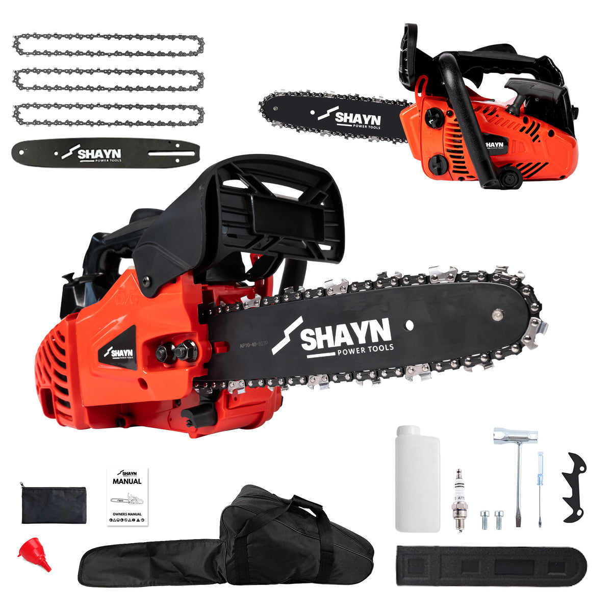 SHAYN 25.4cc red top handle petrol chainsaw with 10 inch bar and 3 chains
