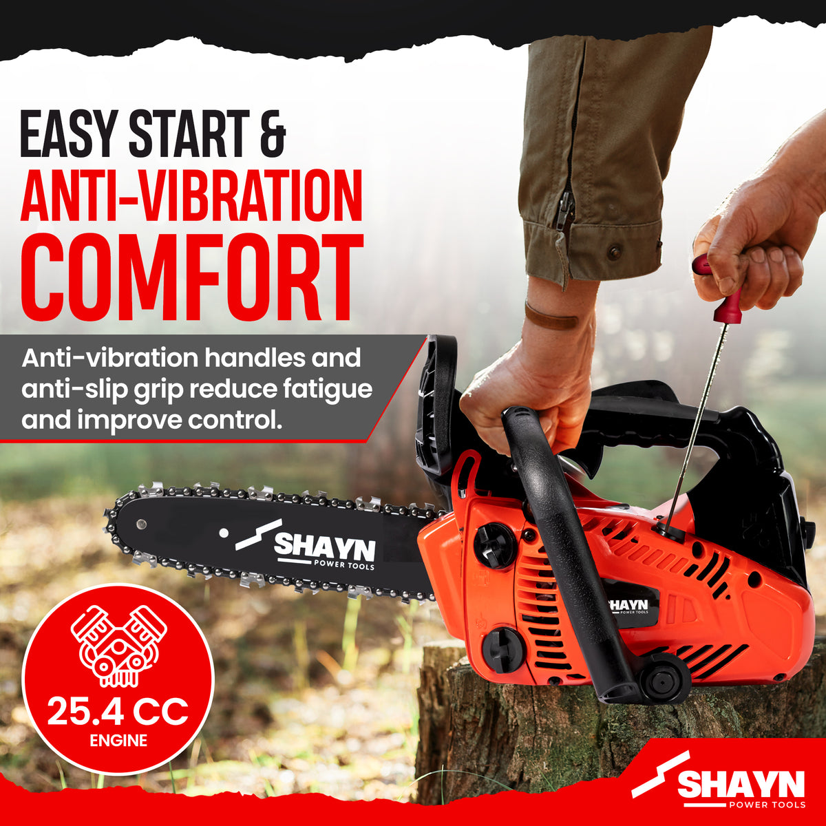 SHAYN 25.4cc red petrol chainsaw features