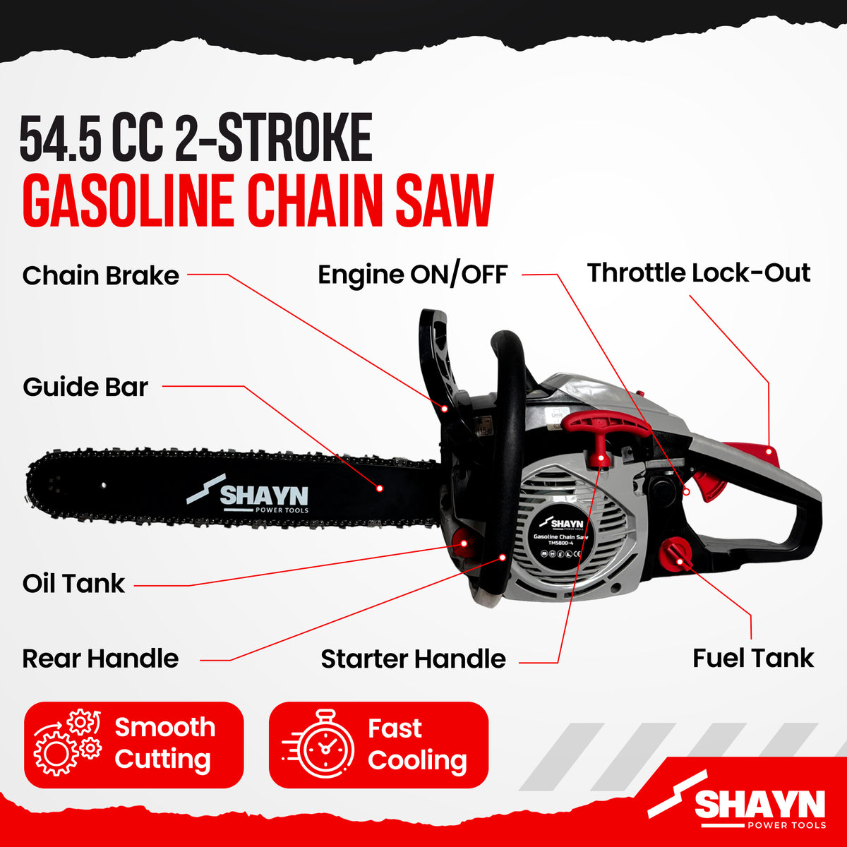 Petrol chainsaw 20 inch bar close-up