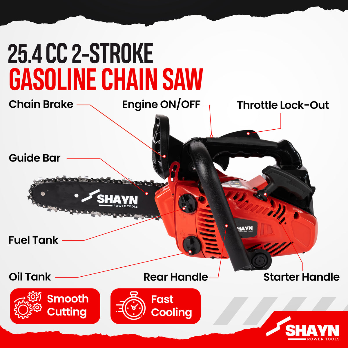 SHAYN 25.4cc petrol chainsaw close-up