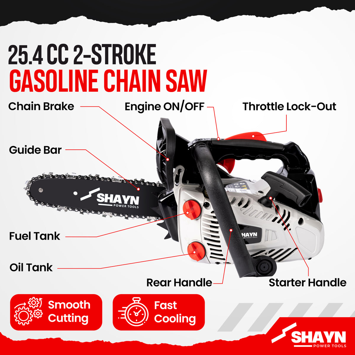 SHAYN 26cc grey petrol chainsaw close-up