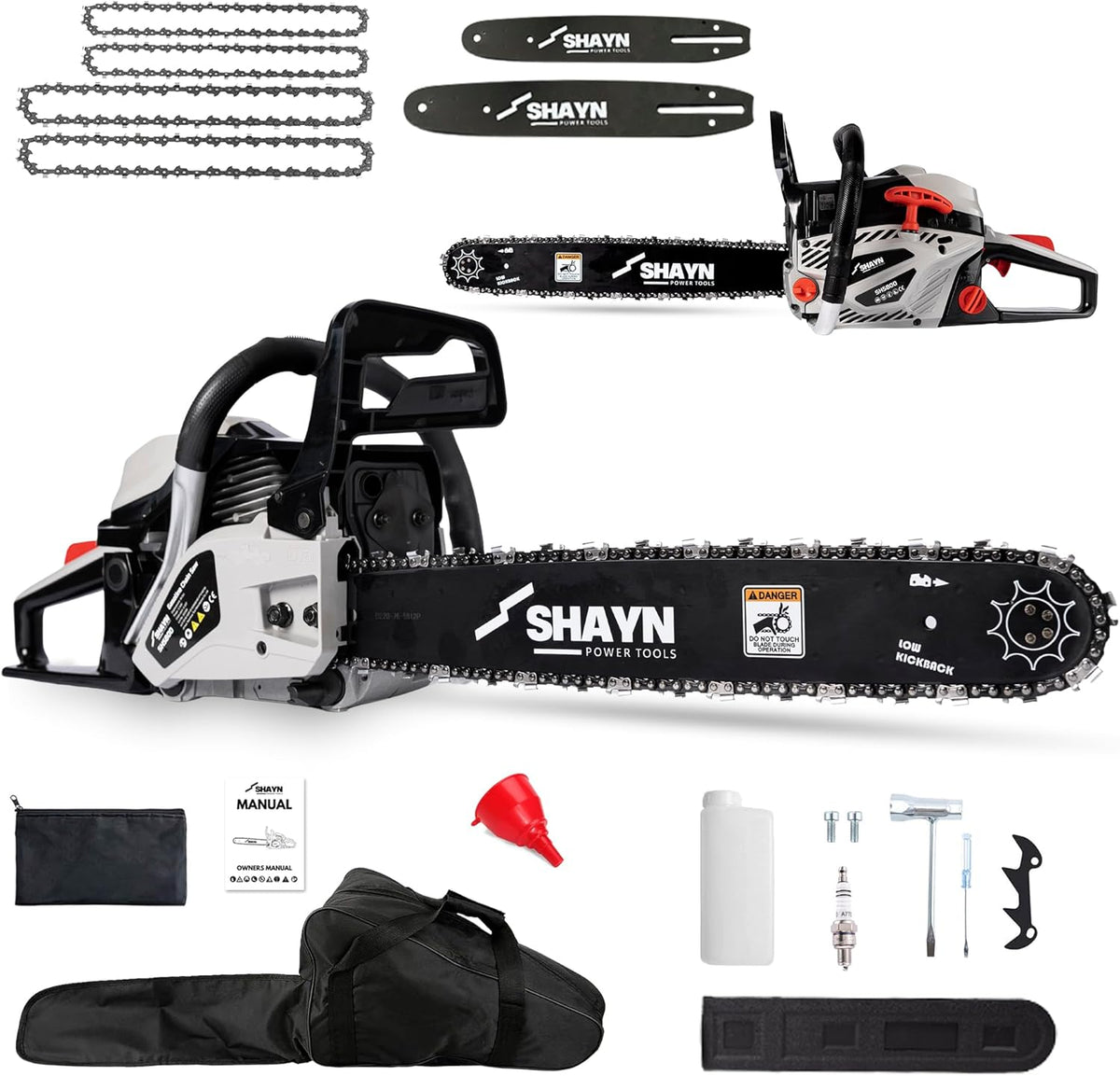 SHAYN 58cc petrol chainsaw with 20 and 16 inch bars and 4 chains