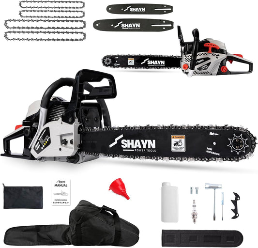 SHAYN 58cc petrol chainsaw with 20 and 16 inch bars and 4 chains