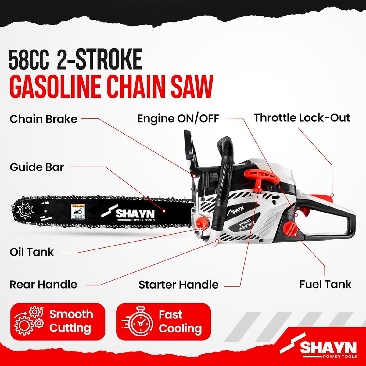 SHAYN 58cc twin bar chainsaw features
