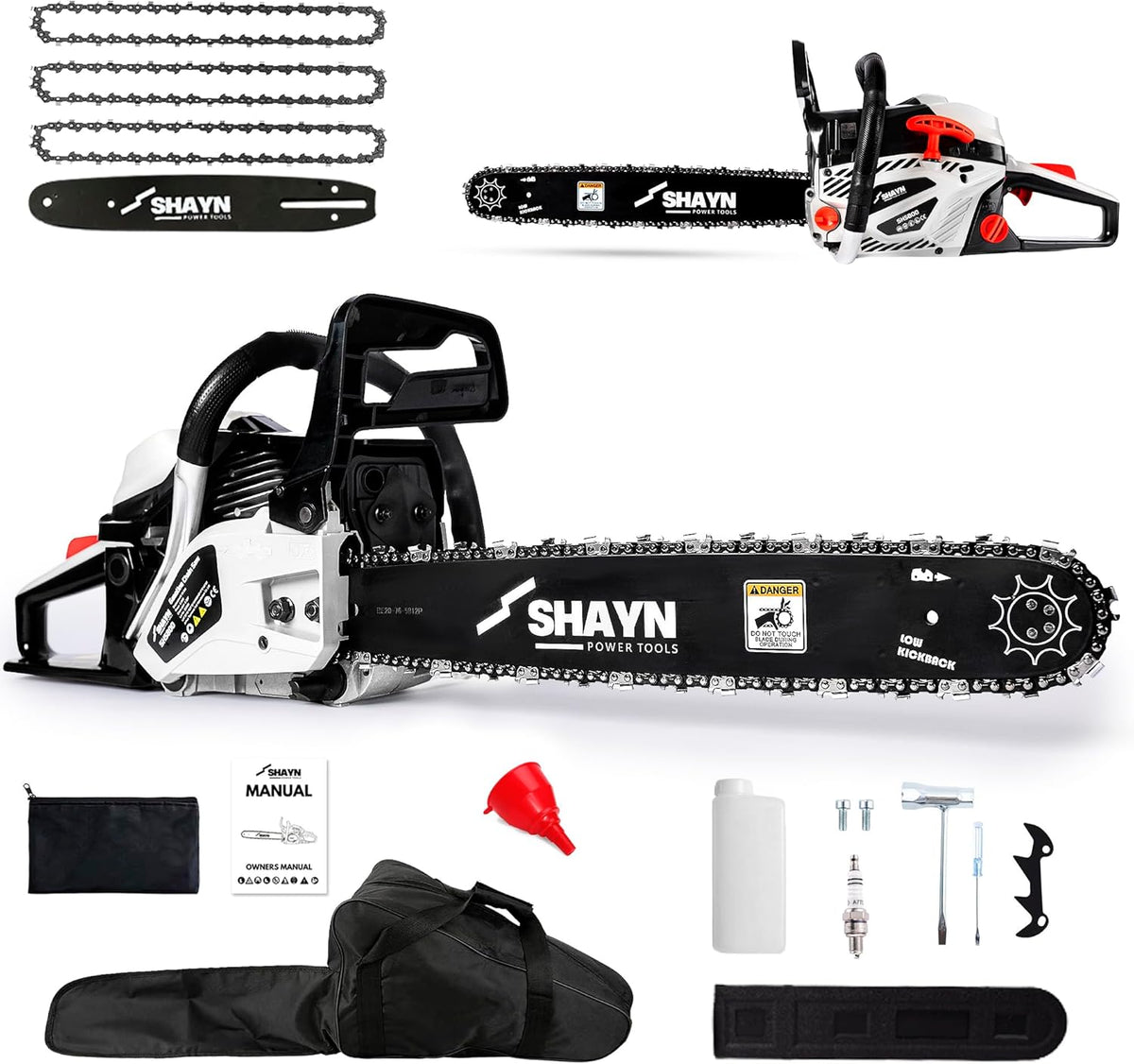 SHAYN 58cc petrol chainsaw with spare chains, toolkit and carry bag