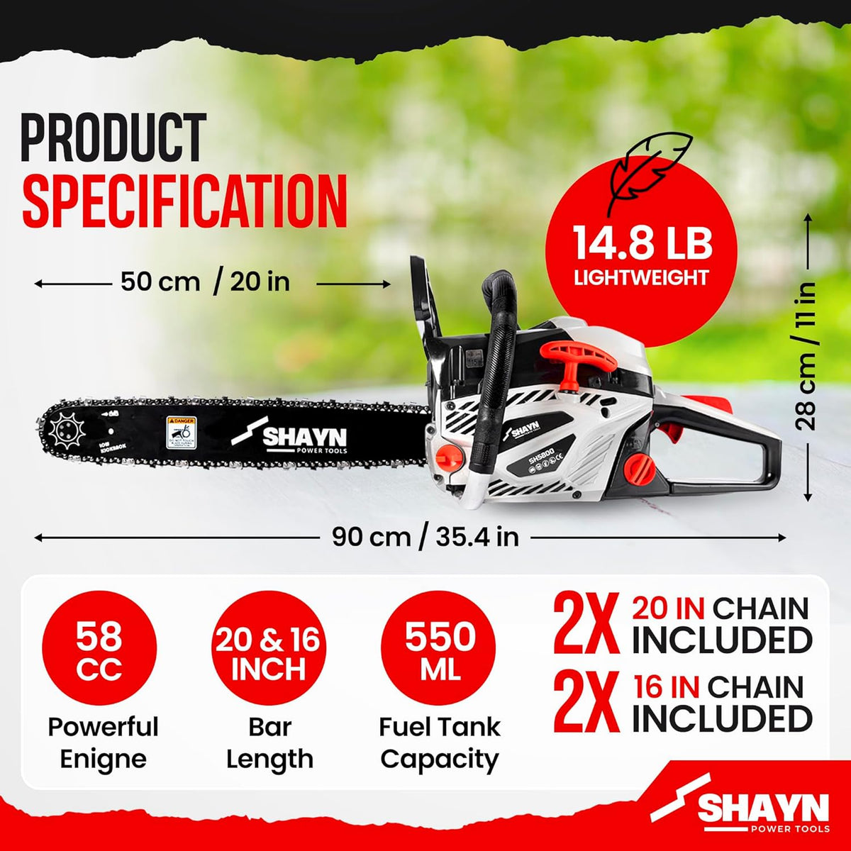 SHAYN 58cc twin bar chainsaw kit contents