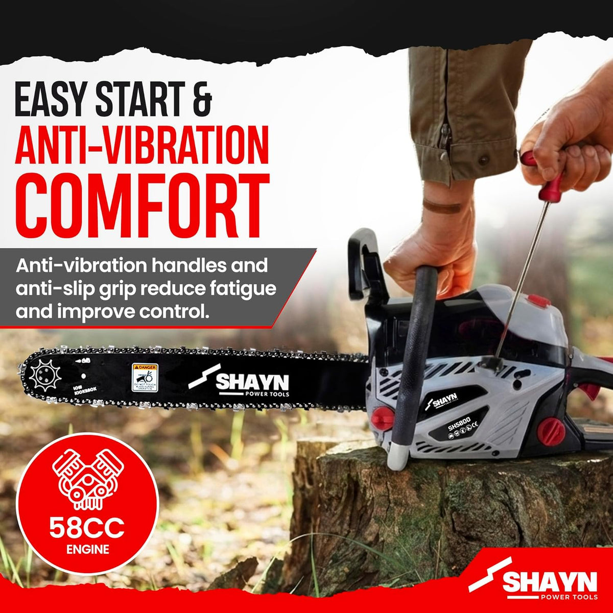 SHAYN 58cc twin bar chainsaw in use