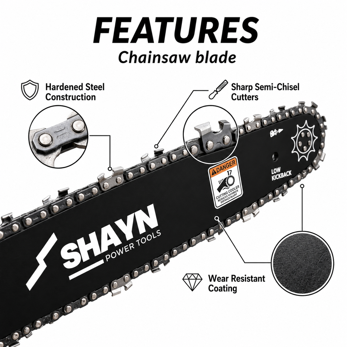 SHAYN chainsaw guide bar and chain set, A041 mount