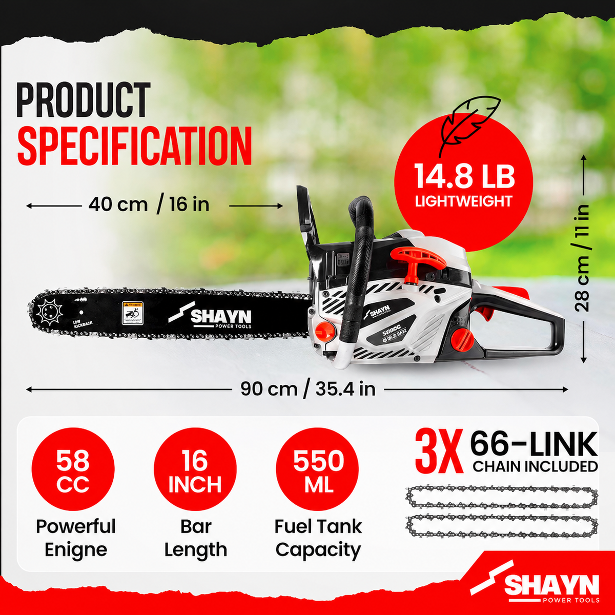 SHAYN 58cc petrol chainsaw with 16 inch bar