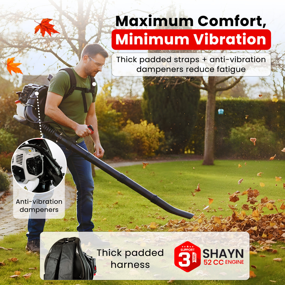 SHAYN 52cc backpack leaf blower in use