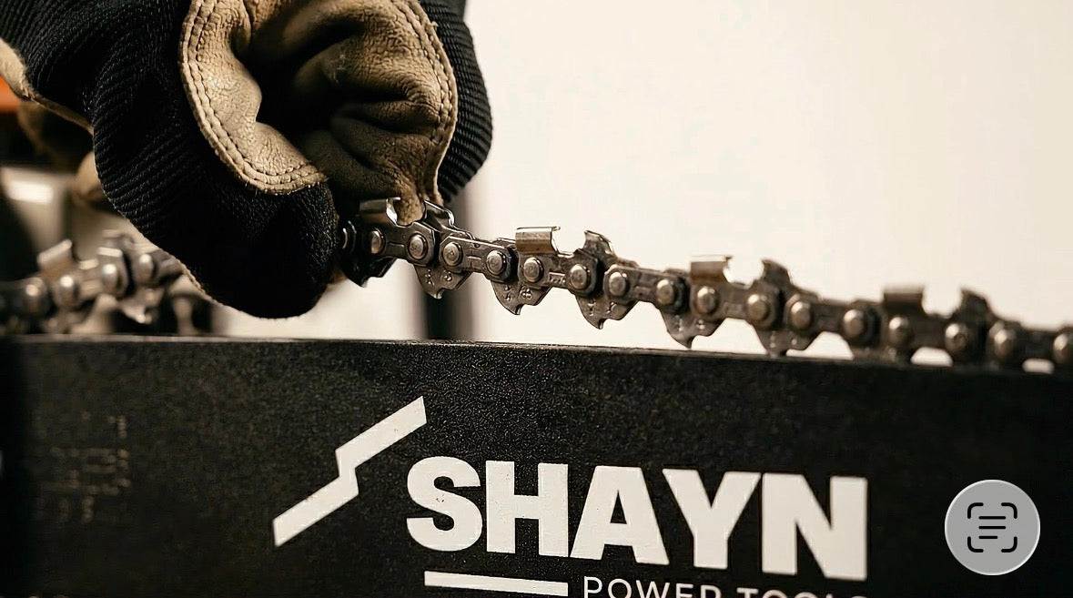 Close-up detail of SHAYN chainsaw guide bar