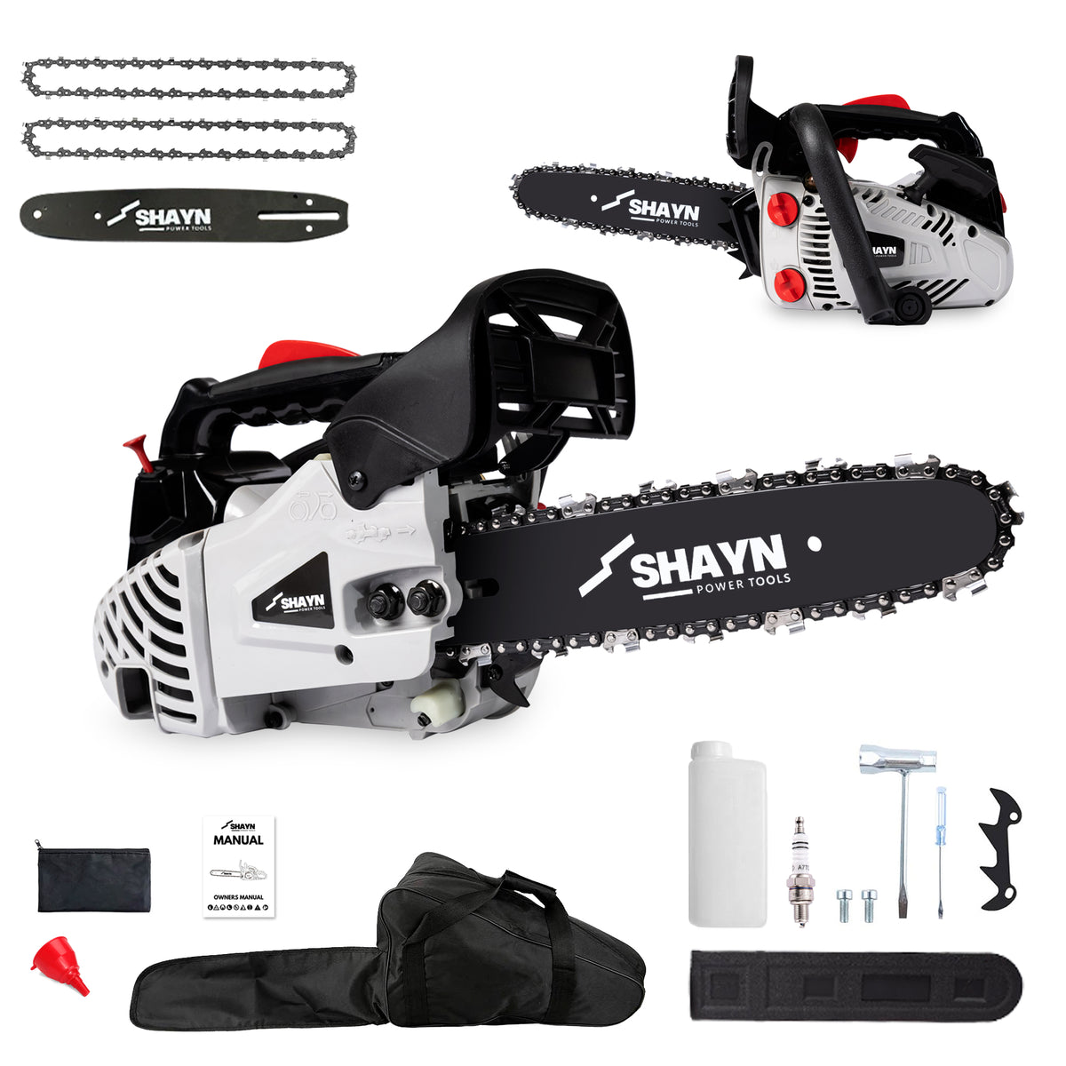 SHAYN 26cc grey top handle petrol chainsaw with 10 inch bar and 2 chains