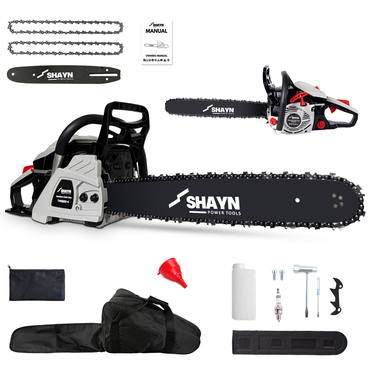 Petrol chainsaw with 20 inch bar, 2 chains and storage bag