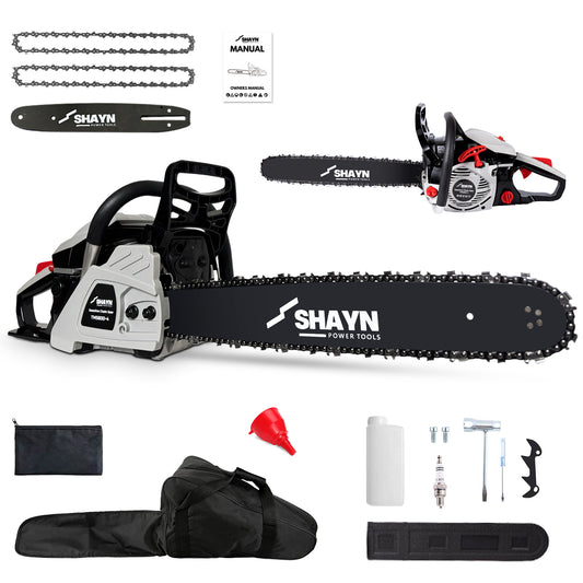 Petrol chainsaw with 20 inch bar, 2 chains and storage bag
